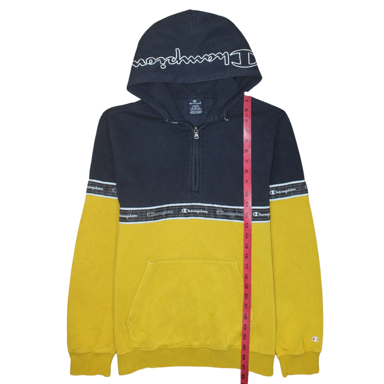 Champion Men's Blue Yellow 1/2 Zip Hoodie Large Logo Fleece