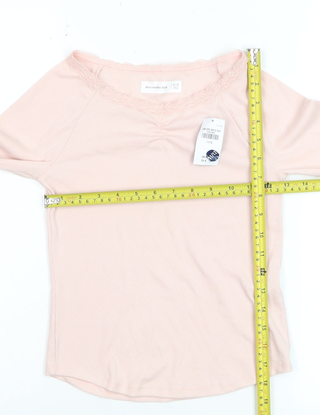Abercrombie & Fitch Kids Girls Light Pink Long Sleeve Lace Trim Ribbed Top Size 11-12