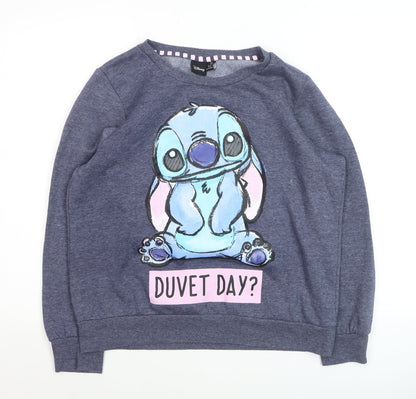 Front view of Disney boys’ blue stitch sweatshirt medium pullover graphic print