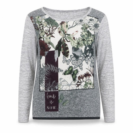 Festa Women Grey Floral Long Sleeve Jersey T-Shirt Size 16