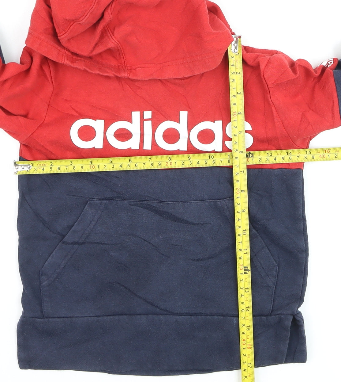 Adidas Boys Red & Navy Pullover Hoodie Size 7-8 Years Colourblock Logo