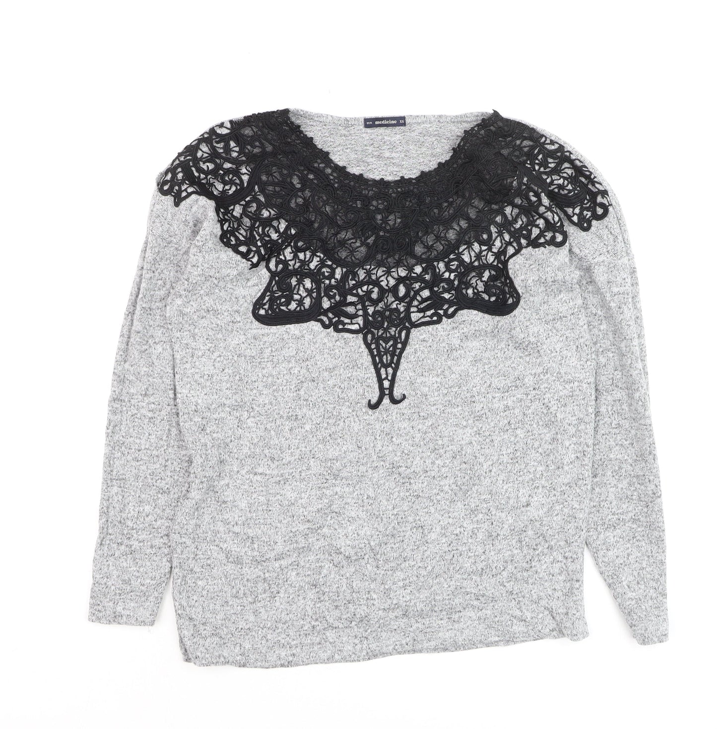 Medicine Women's Grey Lace Detail Long Sleeve Jersey Blouse XS