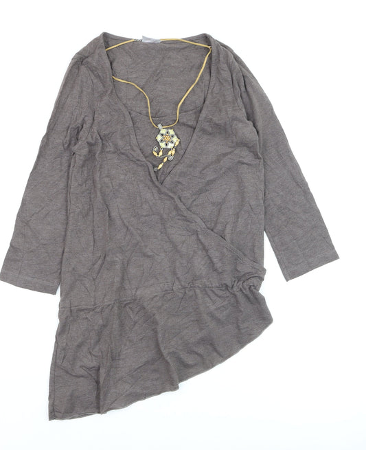 Next Women's Brown Wrap Blouse Size 8 3/4 Sleeve V-Neck Jersey Top