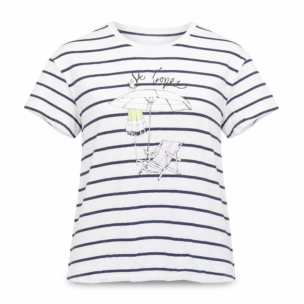 Marks & Spencer Womens White Striped Beach Print Cotton T-Shirt Size 8