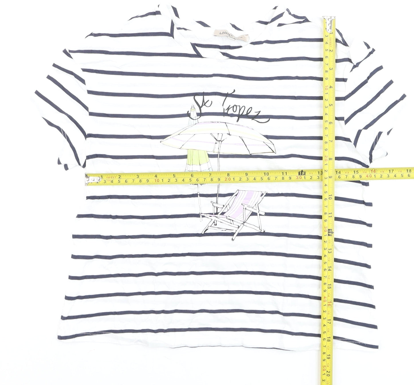 Marks and Spencer Womens White Striped Beach Print Cotton T-Shirt Size 8
