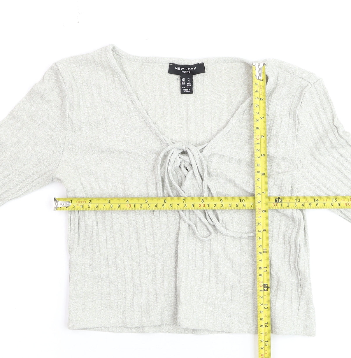New Look Petite Grey Ribbed Tie Front Cropped Long Sleeve Top Size M