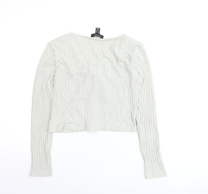 New Womens Look Petite Grey Ribbed Tie Front Cropped Long Sleeve Top Size M