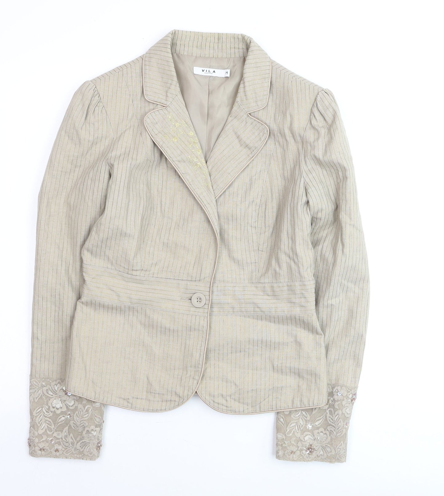 Vila Women's Beige Striped Linen Cotton Blazer M Classic Style