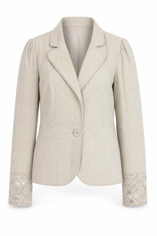 Vila Women's Beige Striped Linen Cotton Blazer M Classic Style