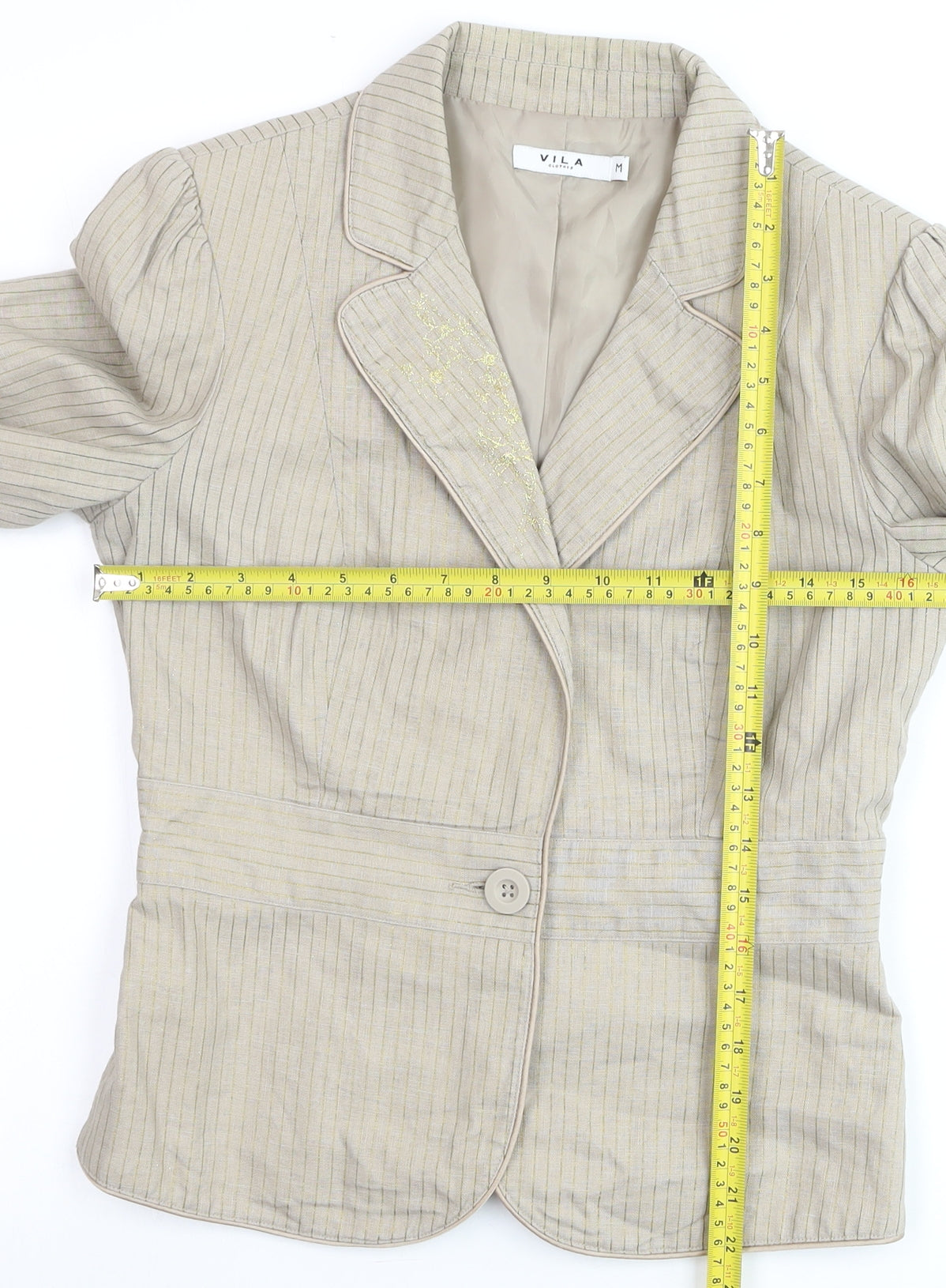 Vila Women's Beige Striped Linen Cotton Blazer M Classic Style