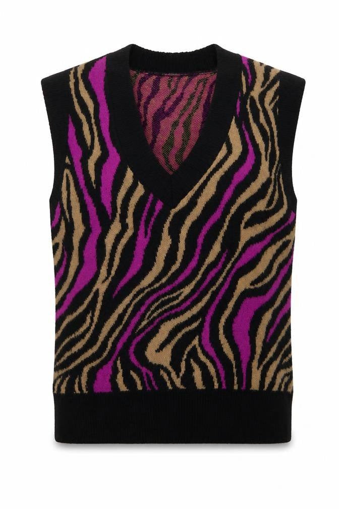 Annorlunda Women’s Multicoloured Zebra Print Wool Knit Vest Size 8