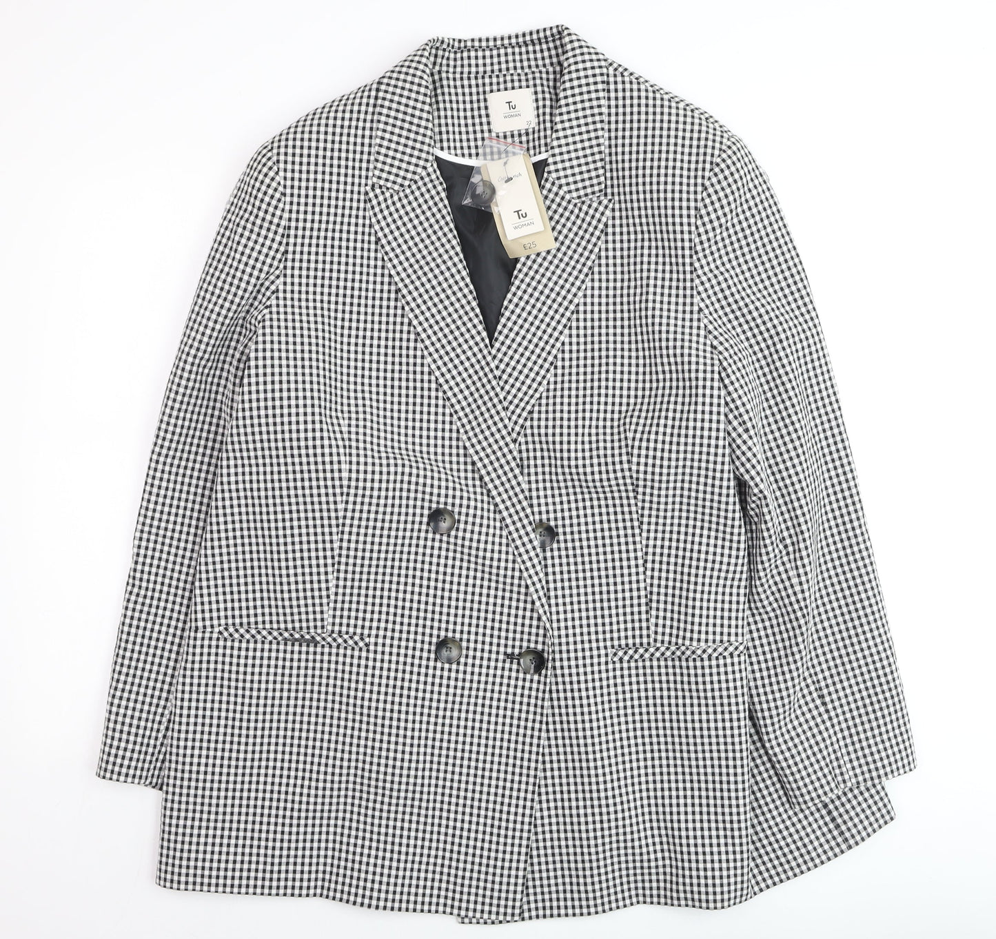 Tu Woman Black Check Blazer Size 22 Lined Button Workwear Jacket