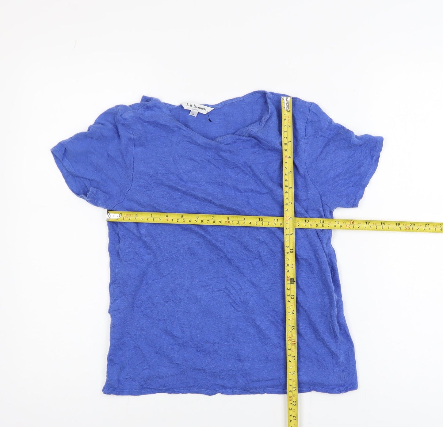 L.K. Bennett Women's Blue Linen V-Neck Short Sleeve T-Shirt M