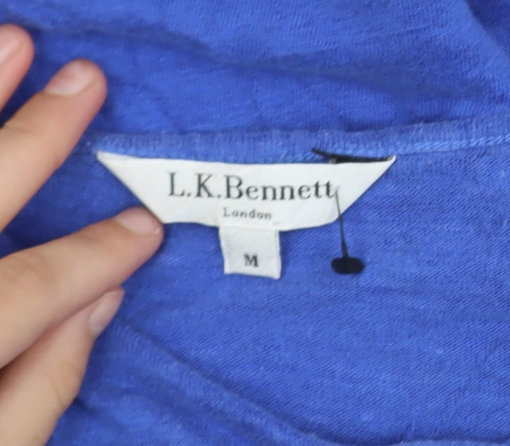 L.K. Bennett Women's Blue Linen V-Neck Short Sleeve T-Shirt M