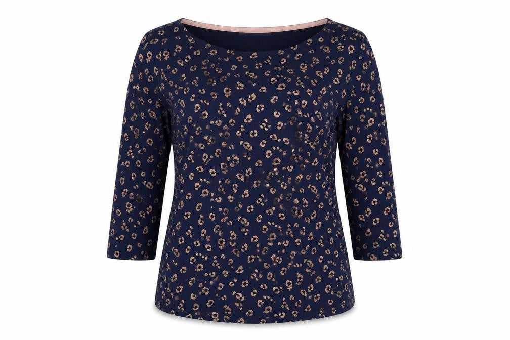 Boden Women's Blue Animal Print Boat Neck 3/4 Sleeve Cotton Modal Blouse Size 14