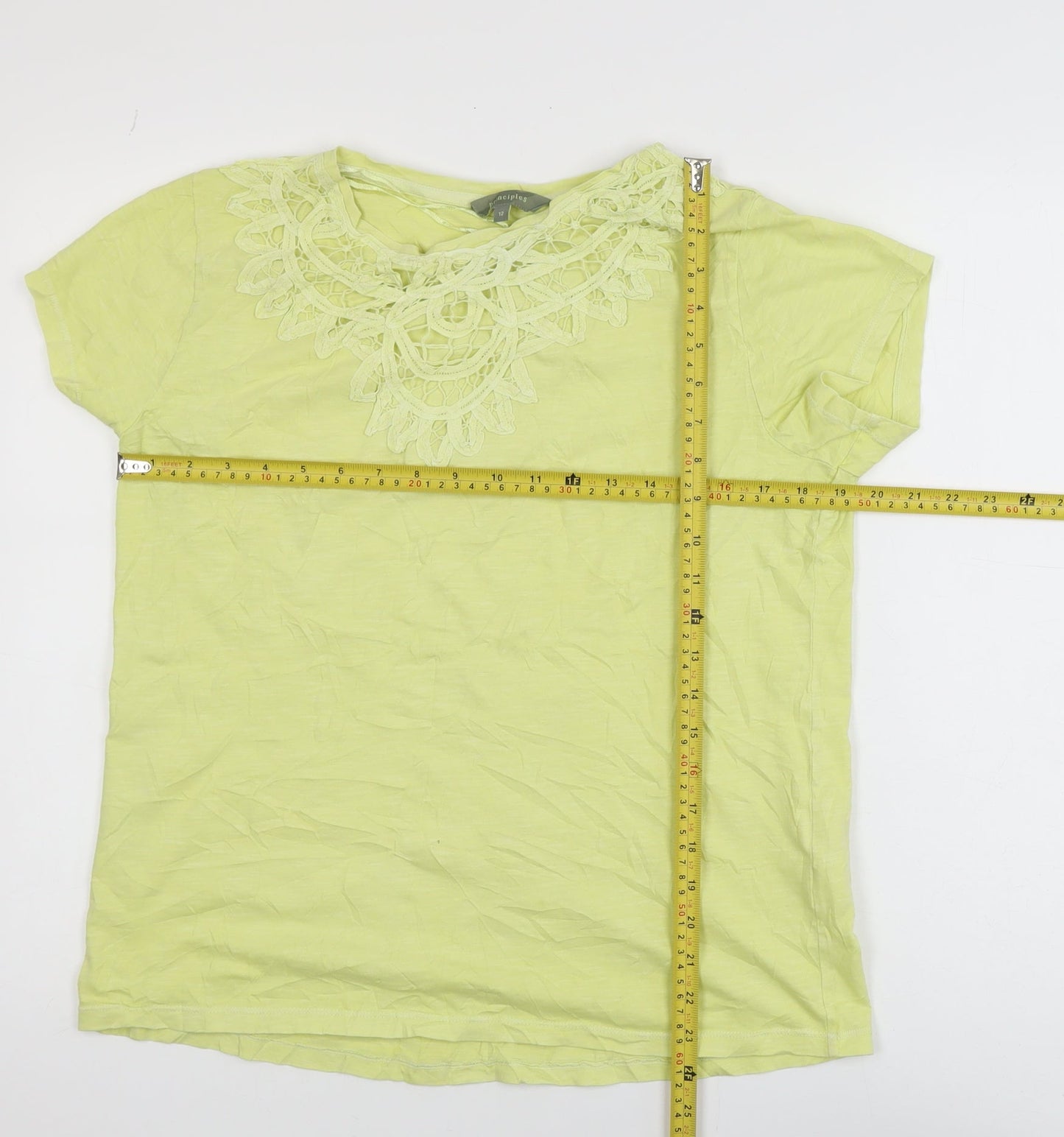 Principles Women’s Green Crochet Neck Cotton T-Shirt Size 12