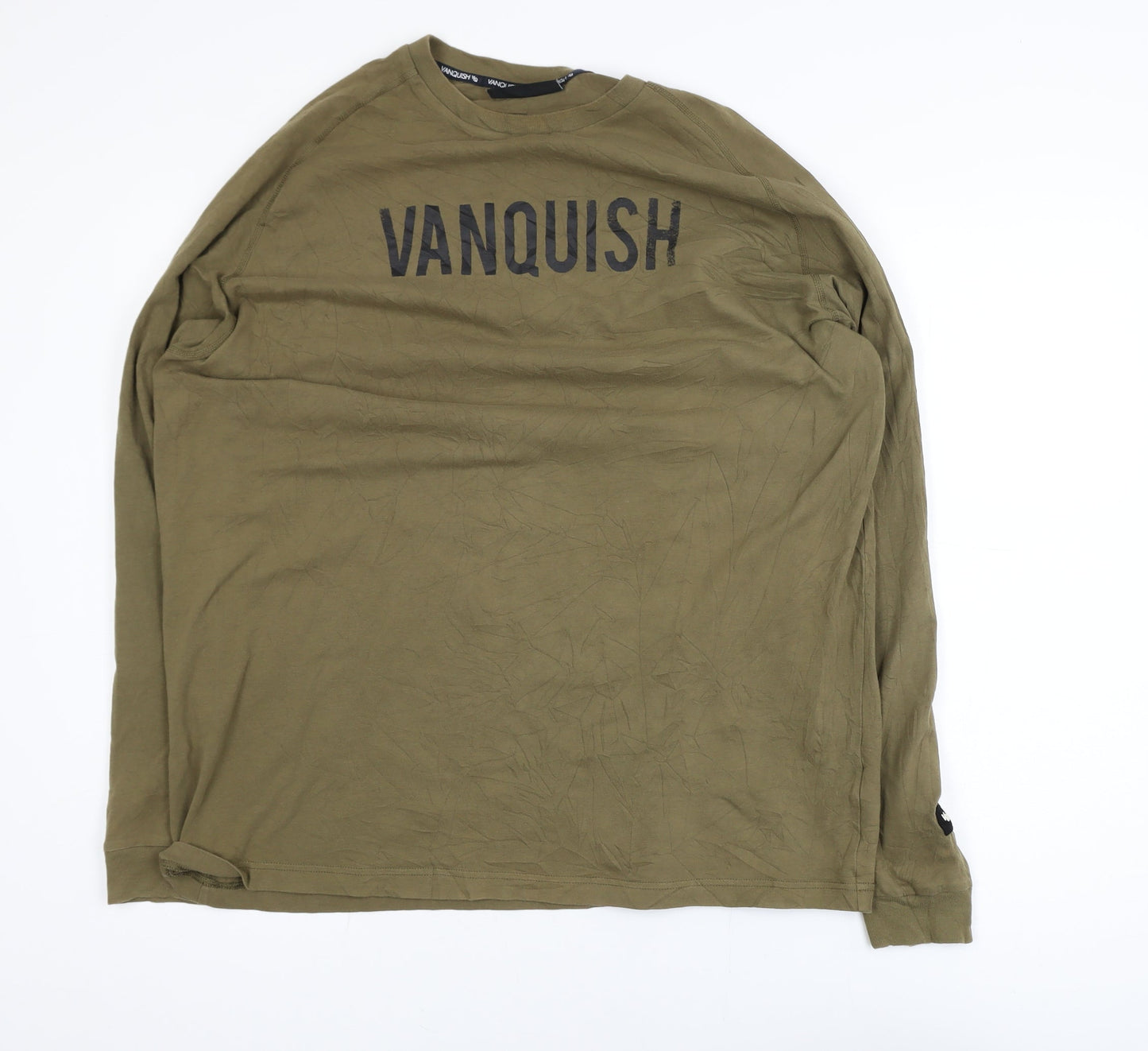 Vanquish Men's Khaki Long Sleeve Crew Neck Cotton T-Shirt Medium