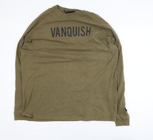 Vanquish Men's Khaki Long Sleeve Crew Neck Cotton T-Shirt Medium