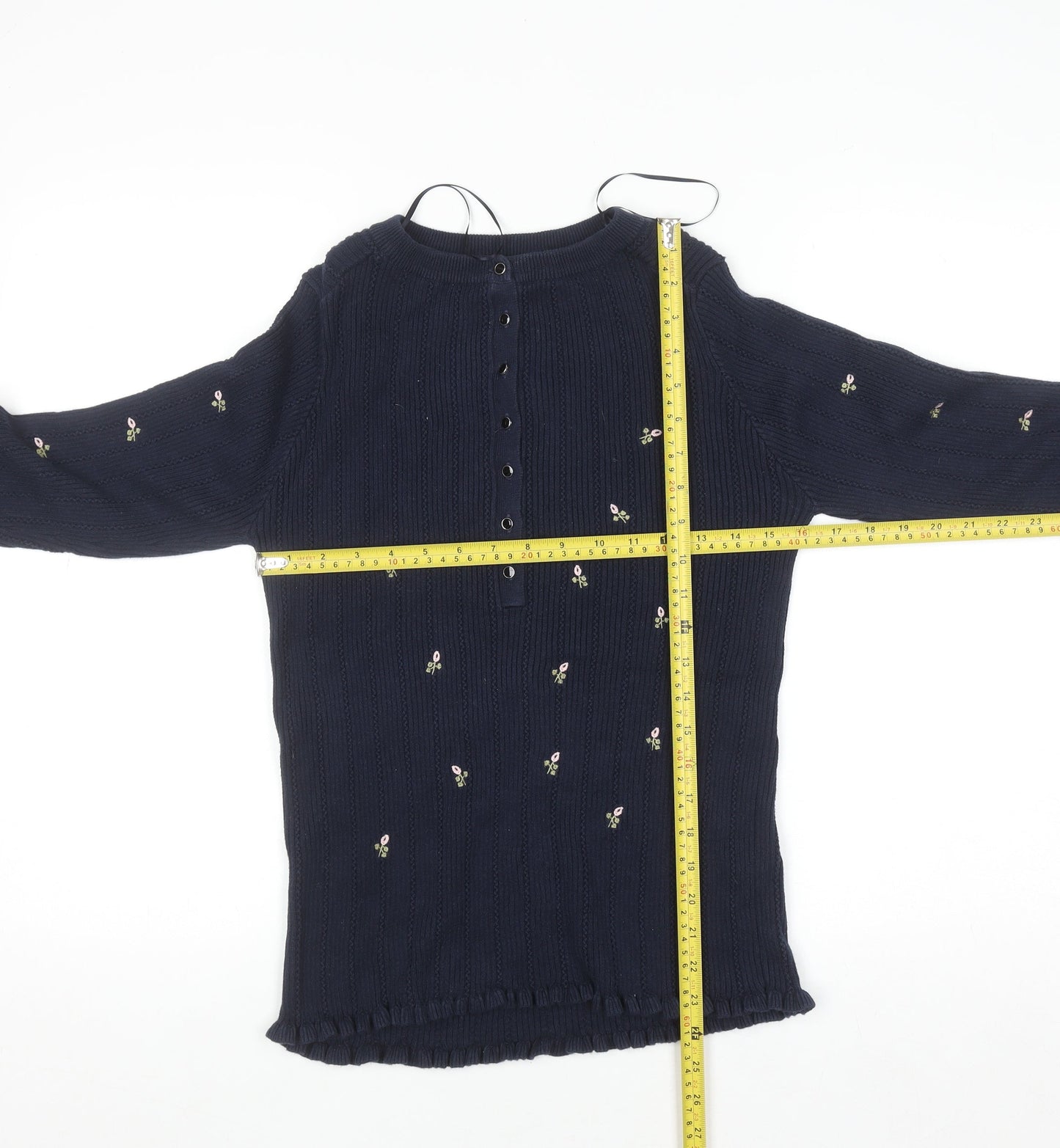 Next Women Navy Blue Floral Embroidered Henley Jumper Size 12 Long Sleeve