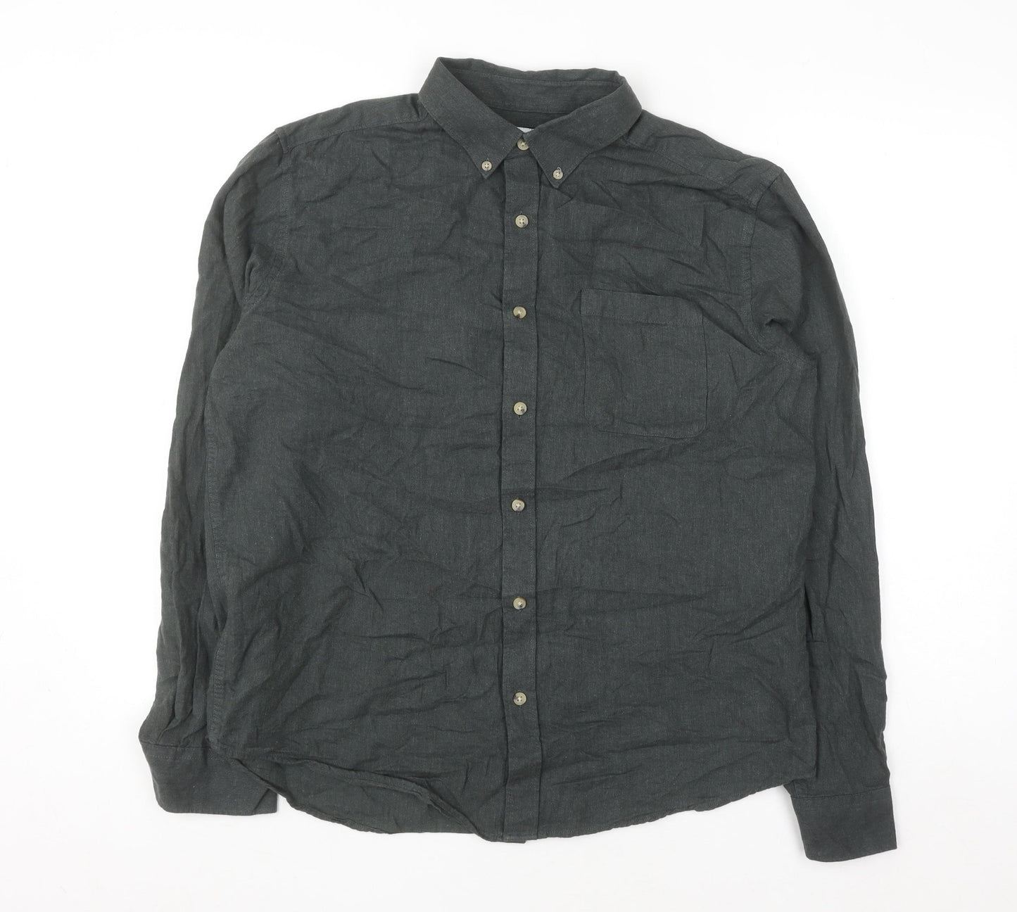 EASY Men's Grey Cotton Button-Down Long Sleeve Casual Shirt Size L