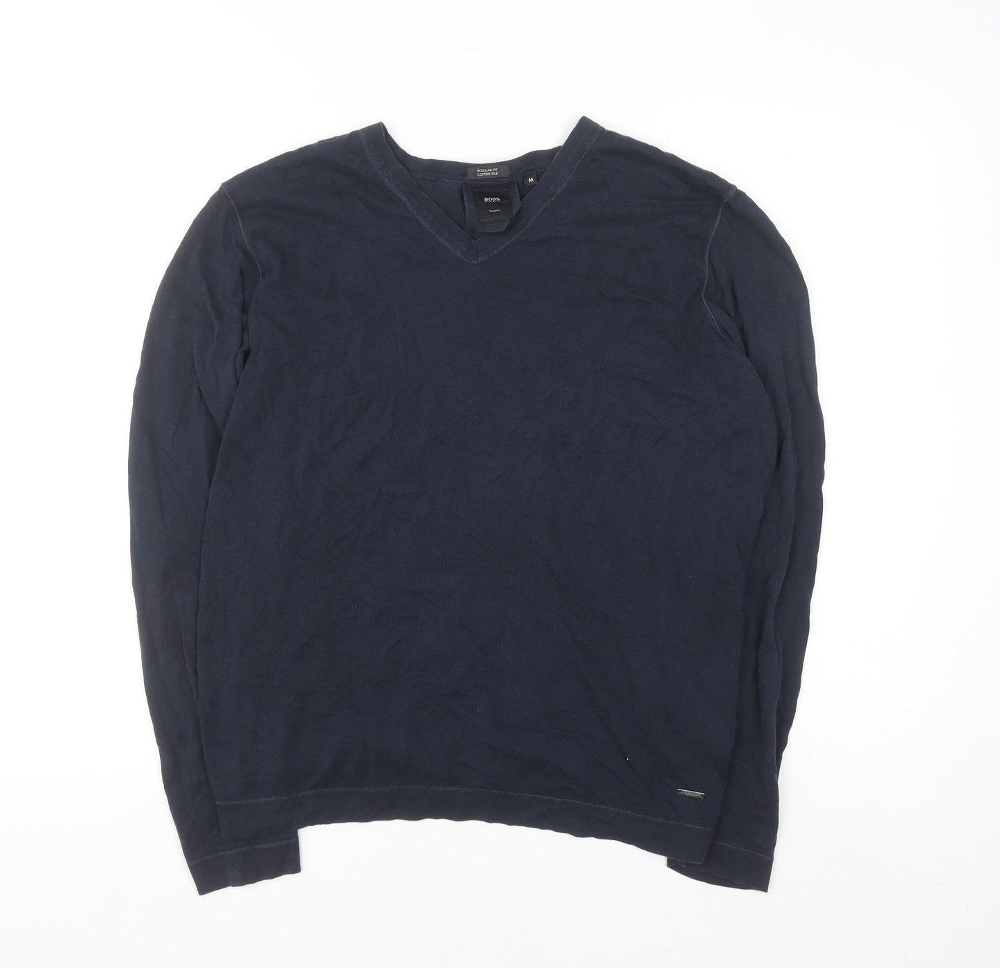 BOSS Mens Blue V-Neck Cotton Silk Regular Fit Jumper M