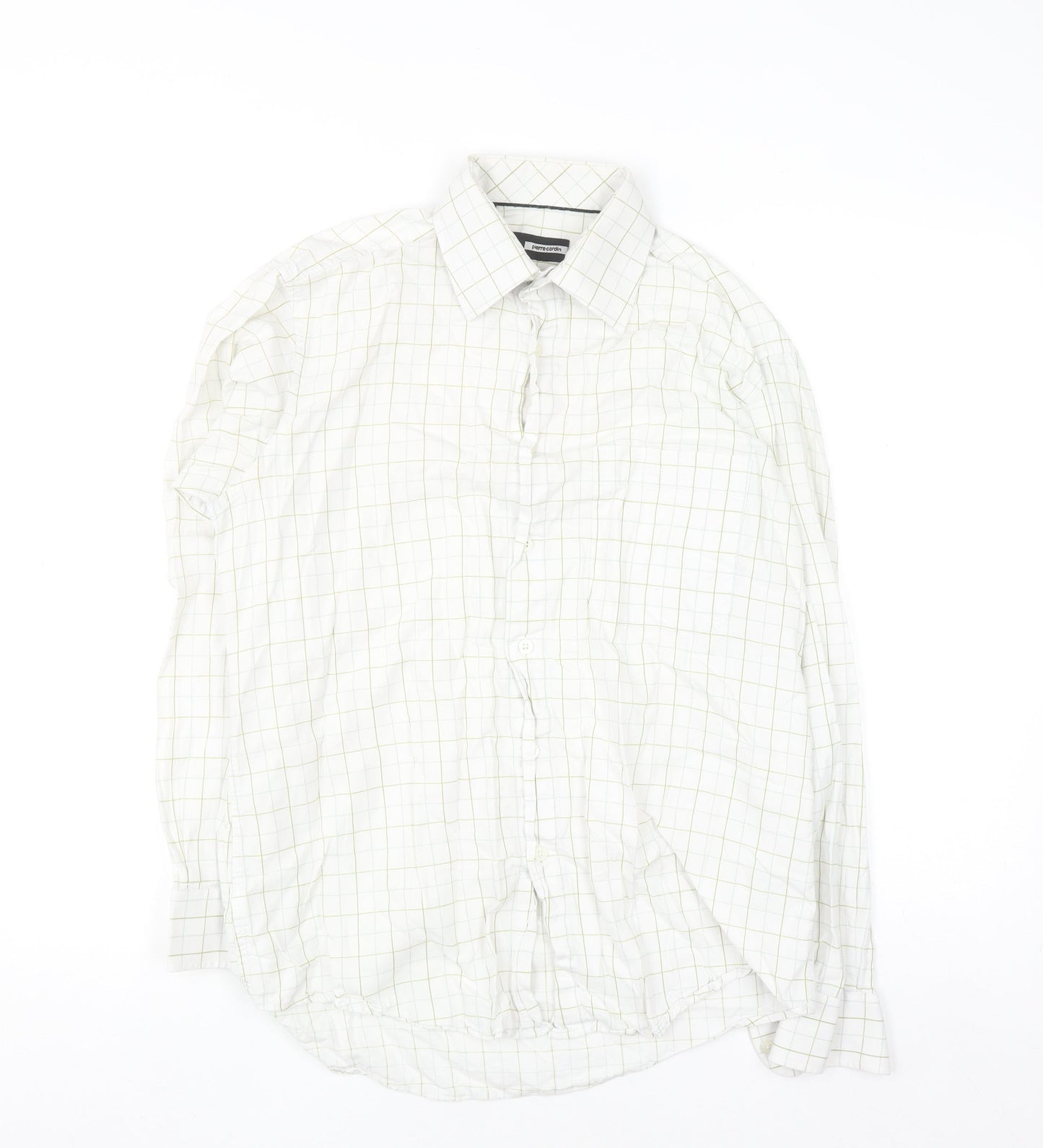 Pierre Cardin Men's White Checked Cotton Long Sleeve Shirt Size 15
