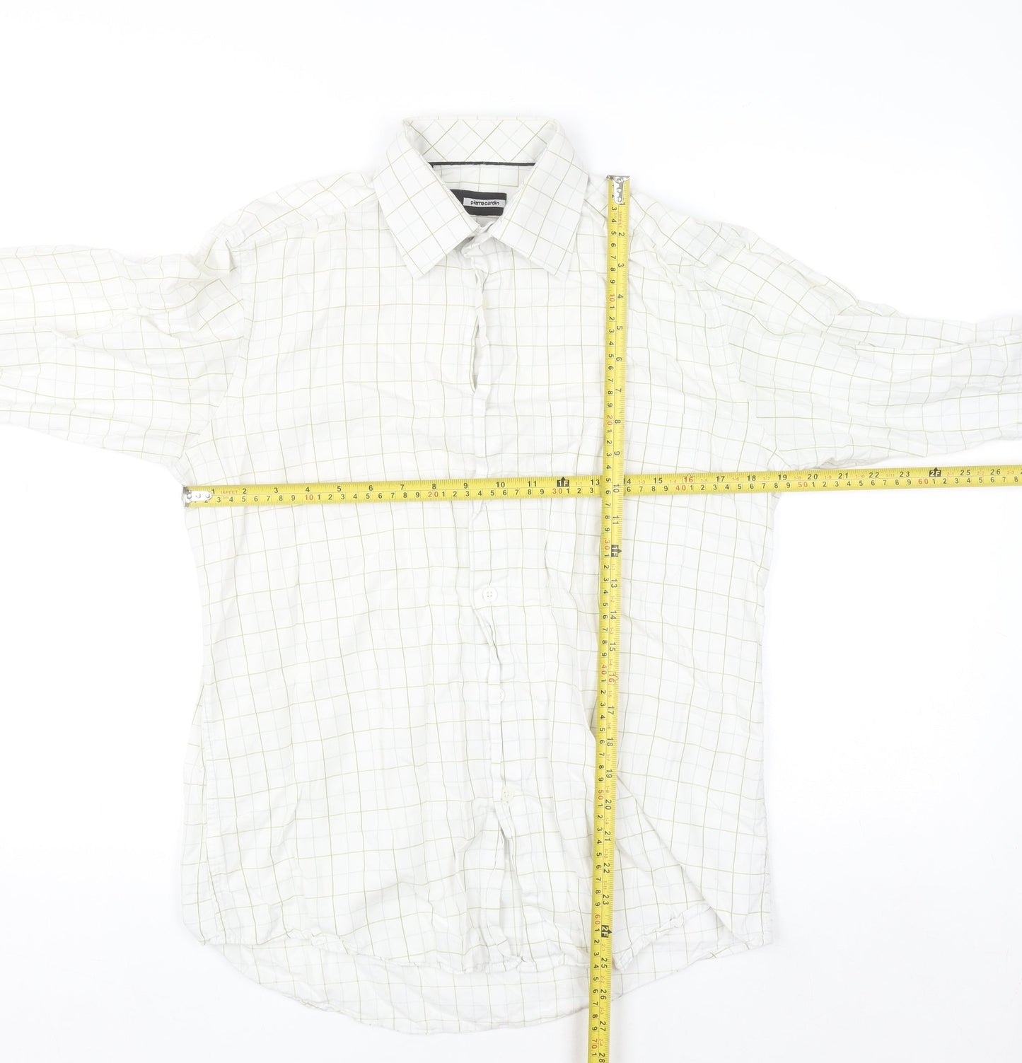 Pierre Cardin Men's White Checked Cotton Long Sleeve Shirt Size 15