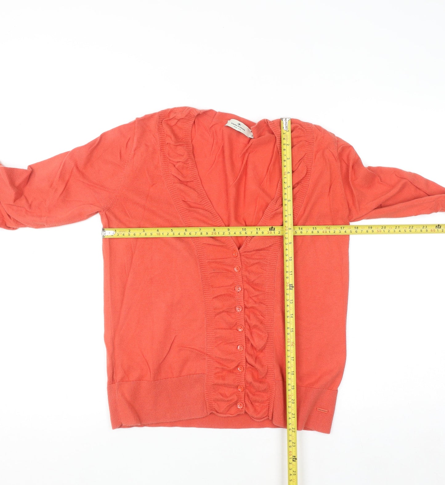 Tom Tailor Women Coral Cardigan XL V-Neck Ruffle Long Sleeve Cotton Knit