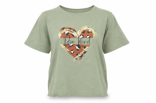 Mara Reya Women’s Green Be Kind Leopard Heart Cotton T-Shirt UK 18