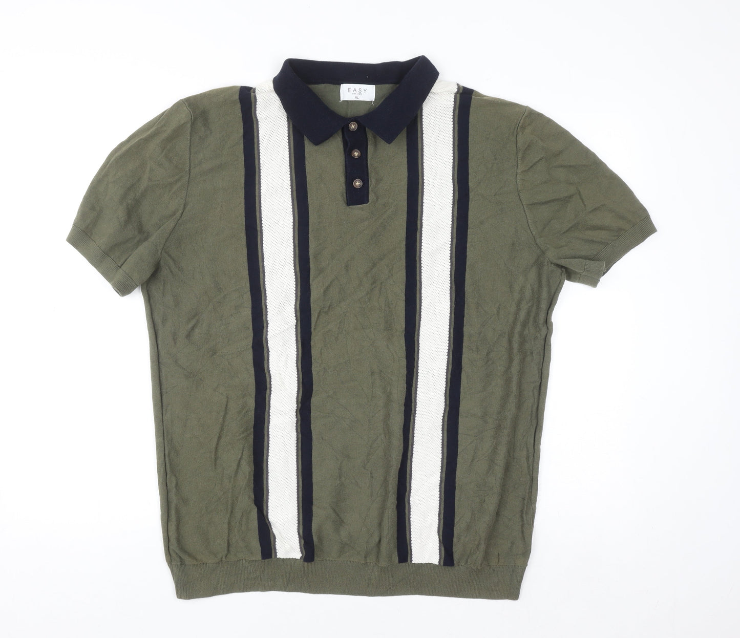 Easy Men's Green Striped Knit Polo Shirt XL Short Sleeve Cotton Blend