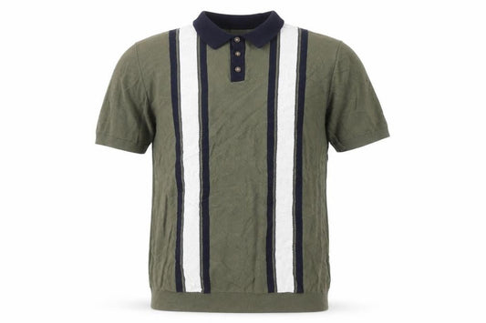 Easy Men's Green Striped Knit Polo Shirt XL Short Sleeve Cotton Blend