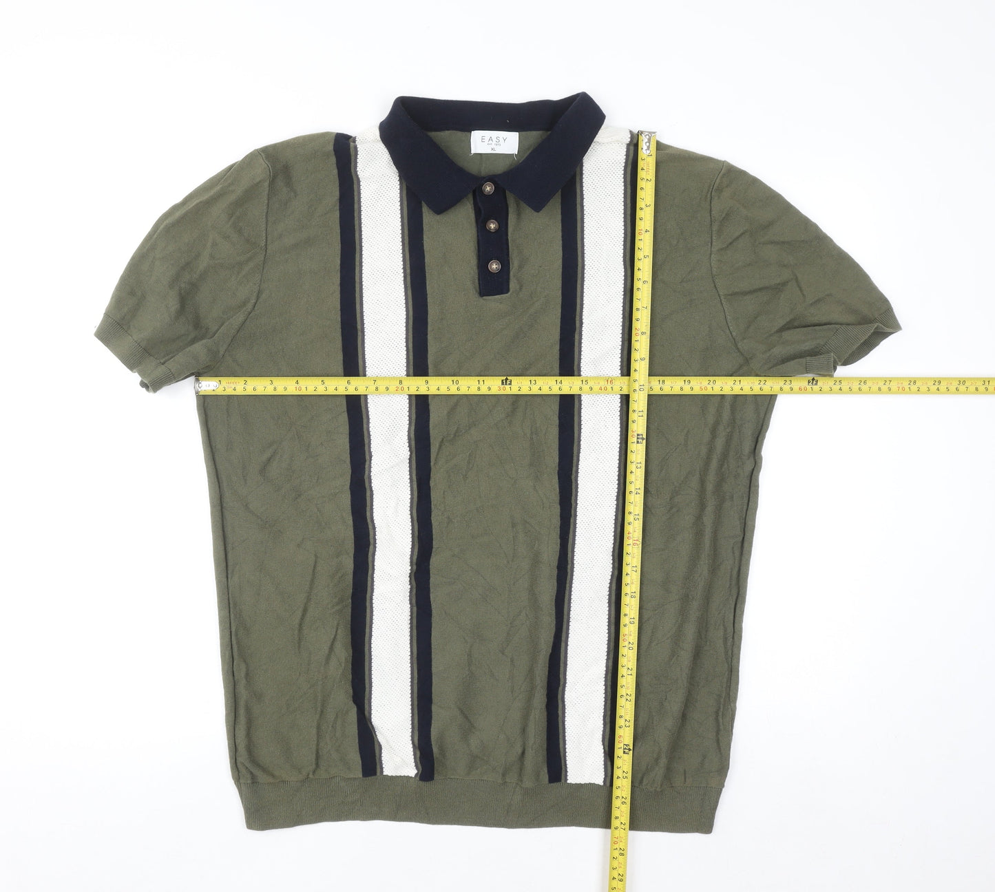 Easy Men's Green Striped Knit Polo Shirt XL Short Sleeve Cotton Blend