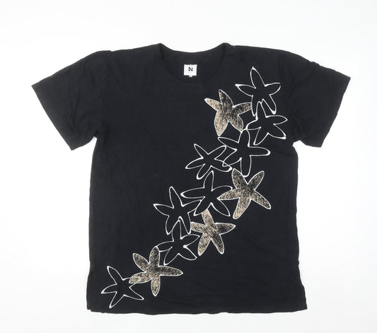 Nanso Womens Black Floral Print Short Sleeve T-Shirt S