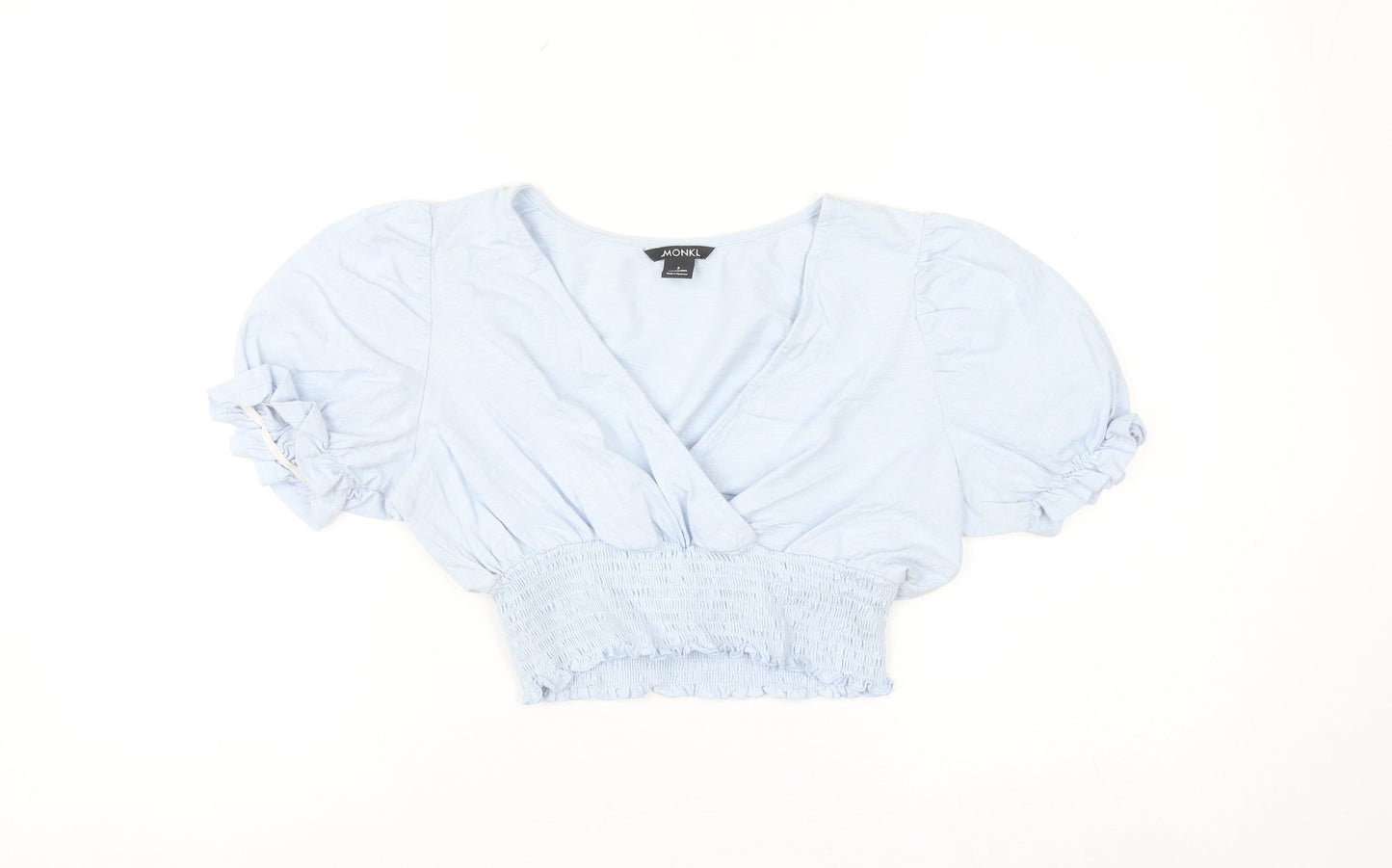 Monki Women's Blue Cropped Puff Sleeve V-Neck Blouse Size S
