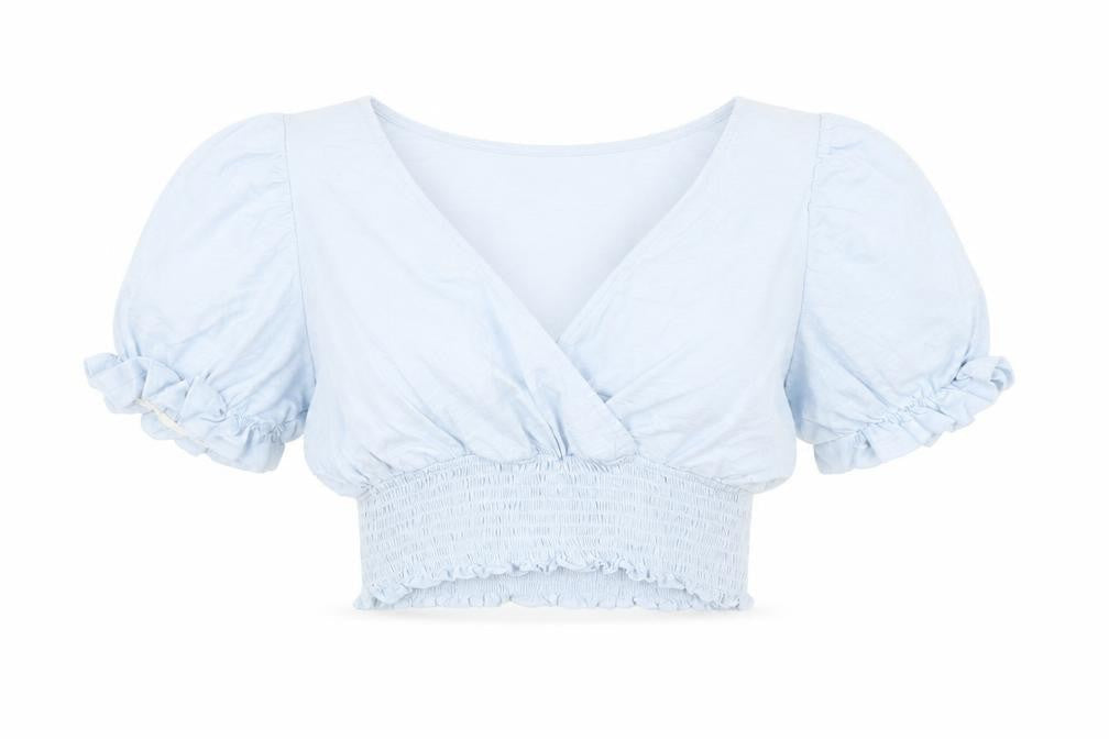 Monki Women's Blue Cropped Puff Sleeve V-Neck Blouse Size S