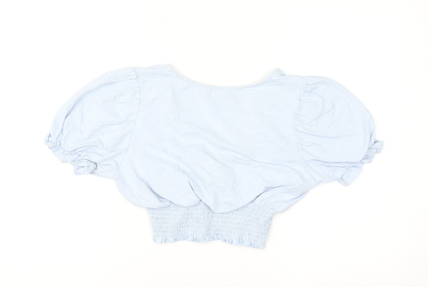 Monki Women's Blue Cropped Puff Sleeve V-Neck Blouse Size S