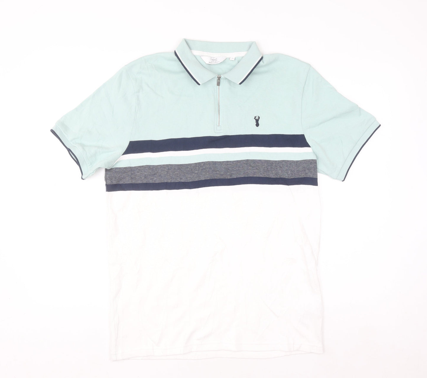 Next Men's Blue Colourblock 1/4 Zip Cotton Polo Shirt Size M Regular Fit
