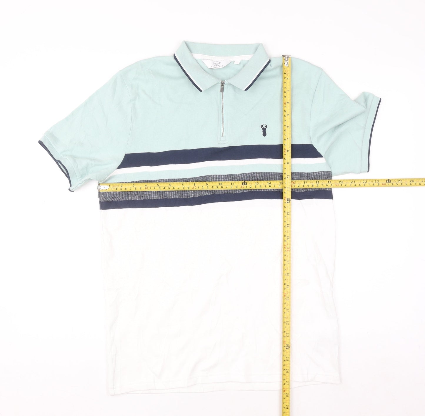Next Men's Blue Colourblock 1/4 Zip Cotton Polo Shirt Size M Regular Fit