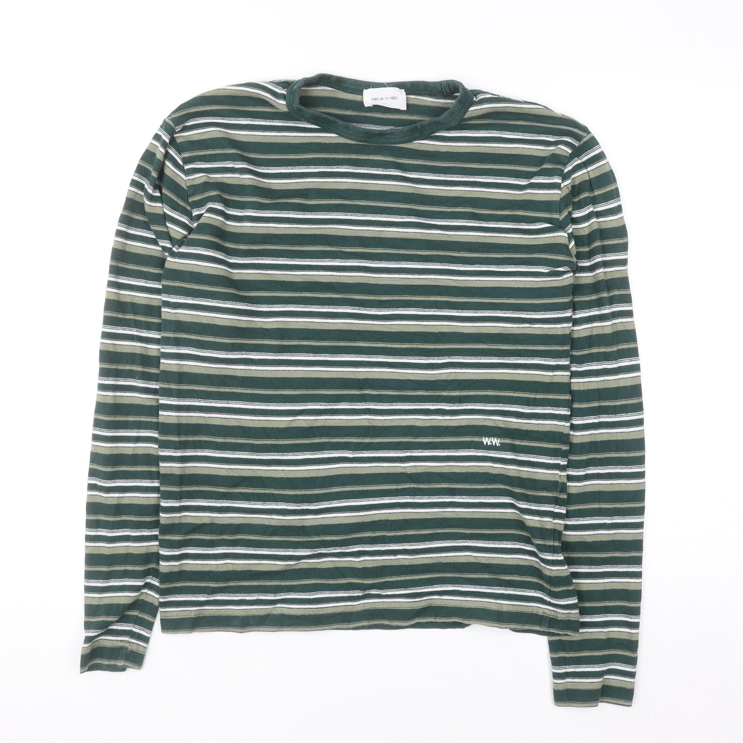 Wood Wood Men's Green Striped Cotton Long Sleeve Pullover Jumper L