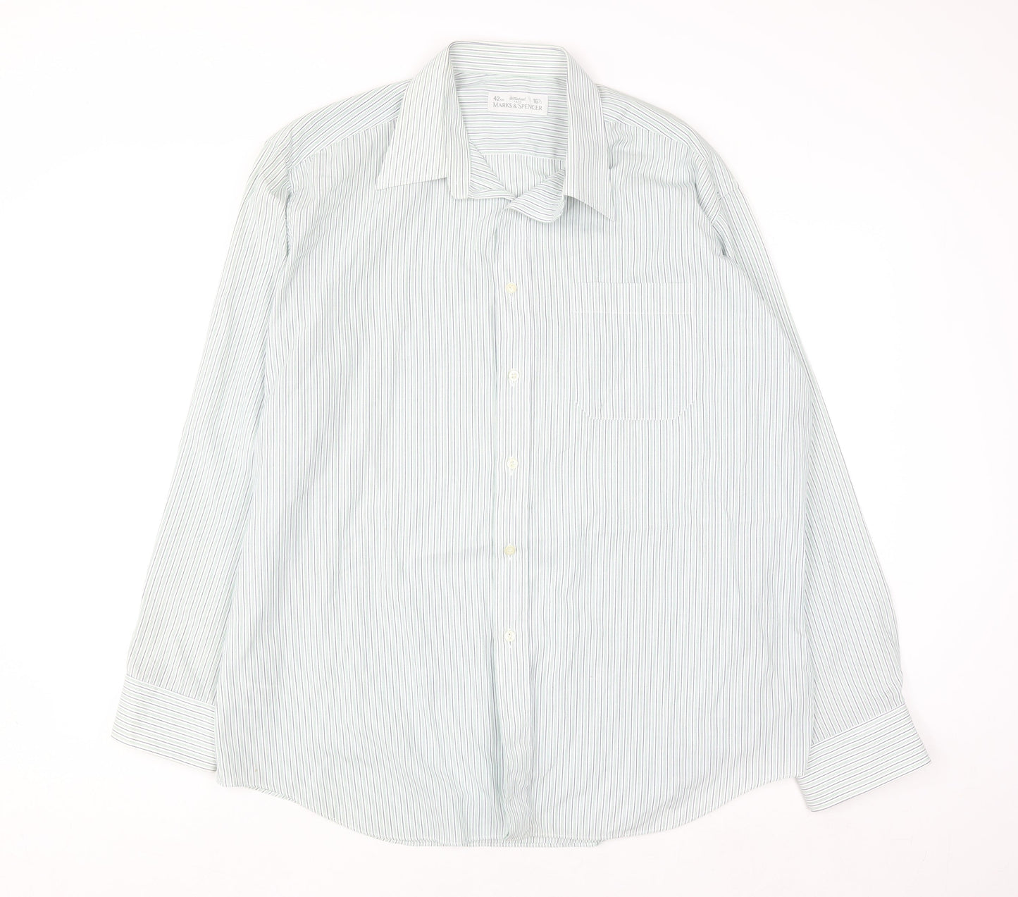 Marks and Spencer Men's Blue Striped Long Sleeve 16.5in Vintage Shirt