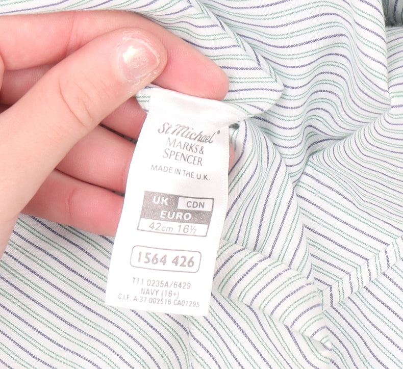 Marks and Spencer Men's Blue Striped Long Sleeve 16.5in Vintage Shirt