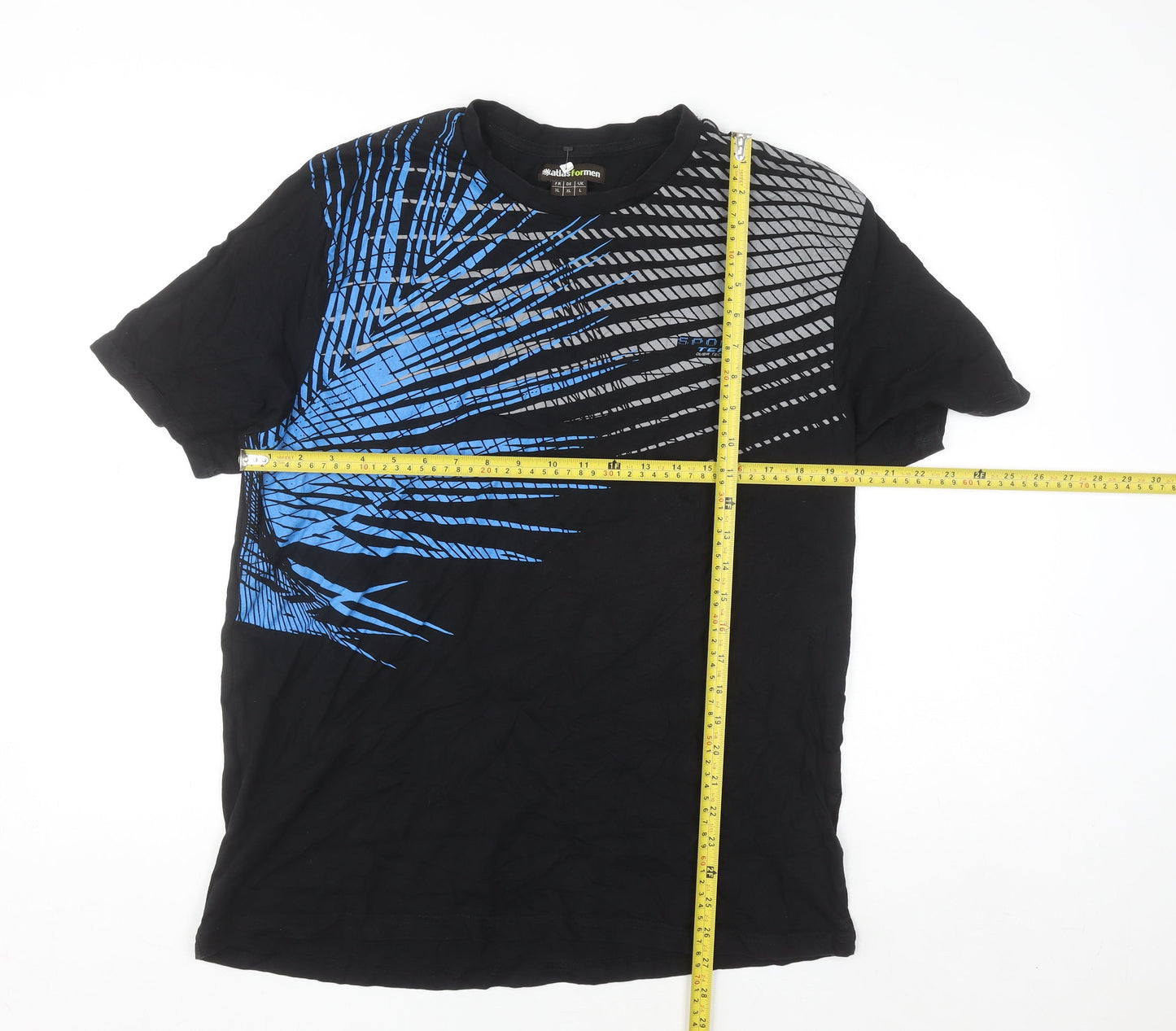 Atlas For Men Black Blue Graphic Print Cotton T-Shirt Size L