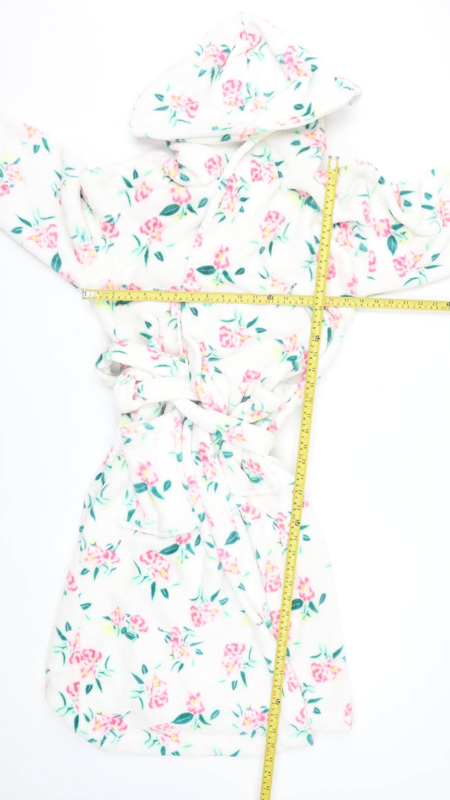 Marks and Spencer Women White Floral Fleece Hooded Robe Medium
