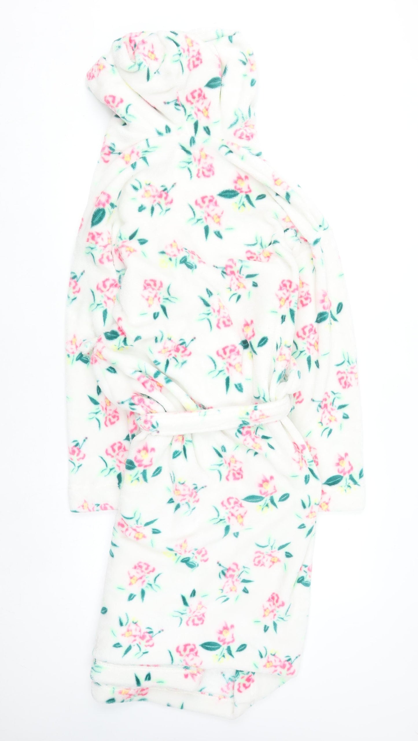 Marks and Spencer Women White Floral Fleece Hooded Robe Medium