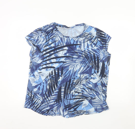 John Baner Womens Blue Tropical Print Cotton T-Shirt Size L