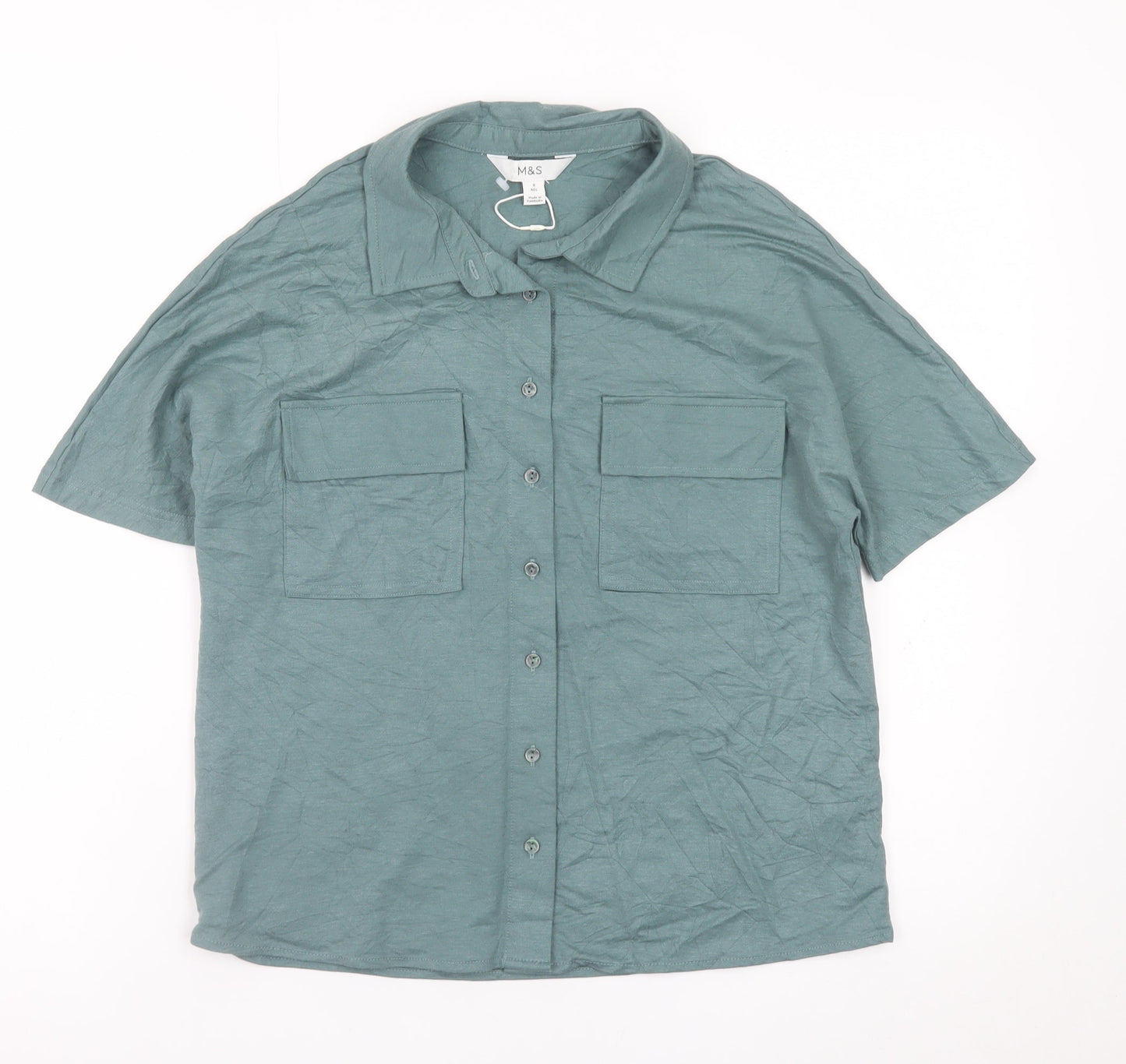 Marks and Spencer Men's Green Short Sleeve Regular Fit Button-Up Shirt Size S