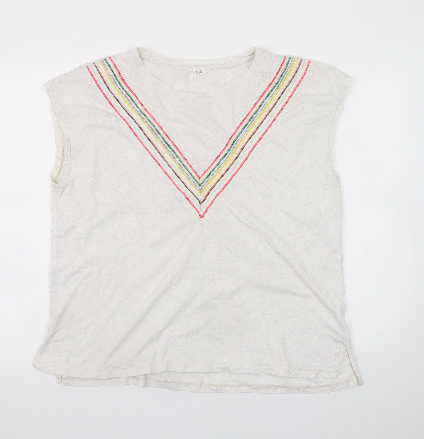 Hush Women’s Ivory Sleeveless Cotton T-Shirt Medium Embroidered Rainbow