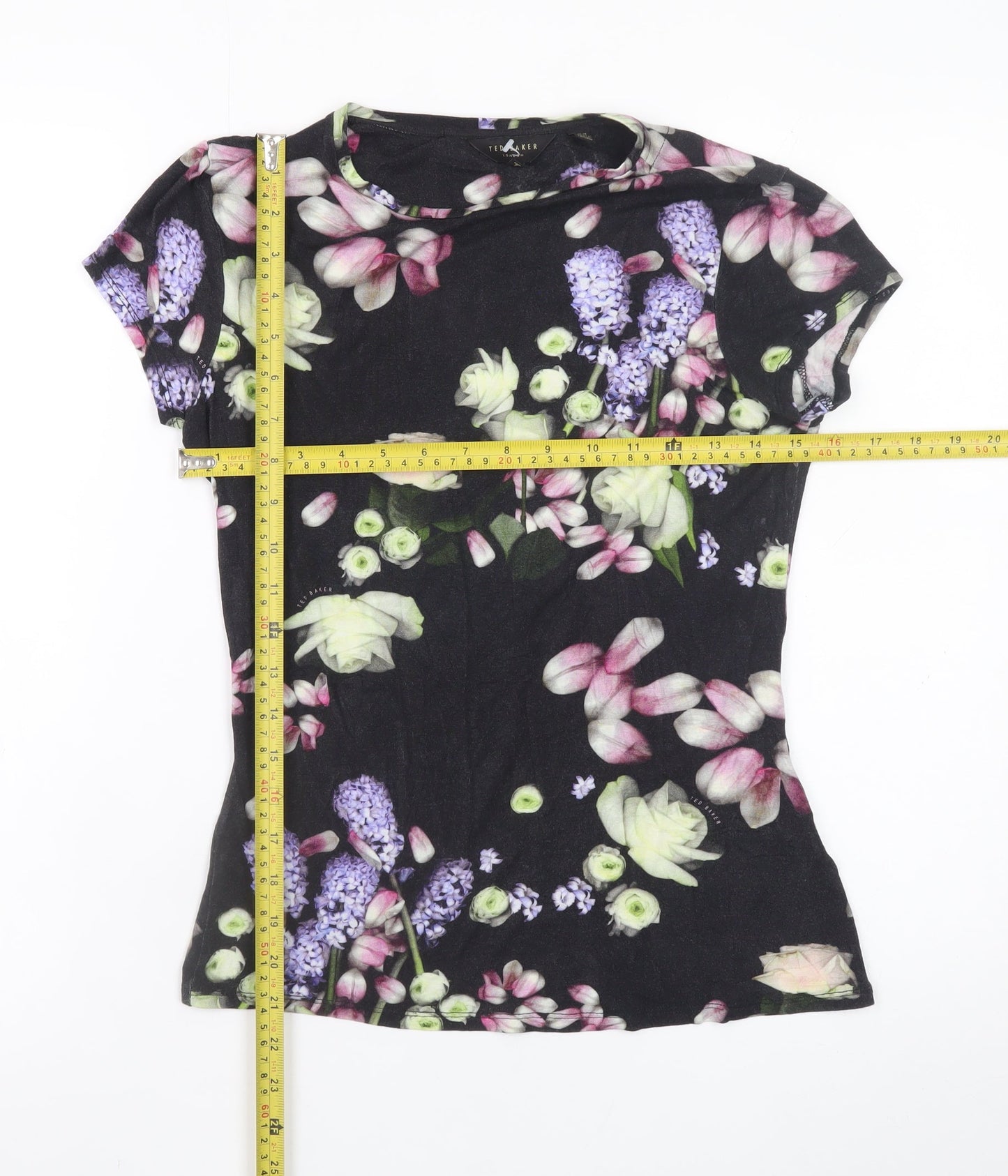 Ted Baker Women’s Black Floral Short Sleeve Slim Fit T-Shirt Size 8