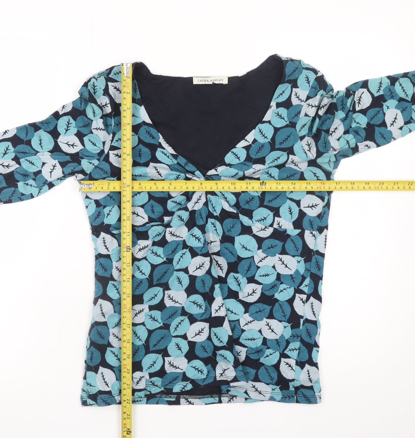 Laura Ashley Women's Blue Leaf Print V-Neck Cotton Tunic Blouse UK14