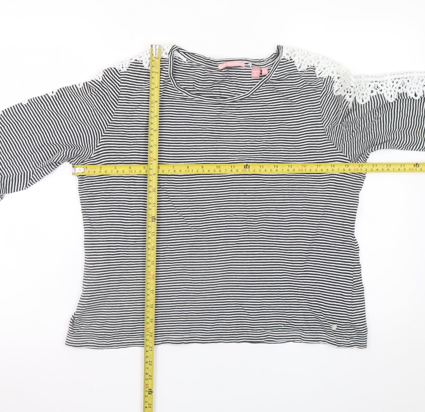 Superdry Womens Black Striped Lace Long Sleeve Cotton T-Shirt Size 14